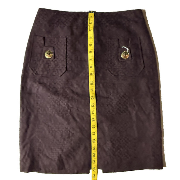 Milly Skirt Womens 6 Brown Textured Jacquard Pockets Gold Button Career Chic - Picture 5 of 8